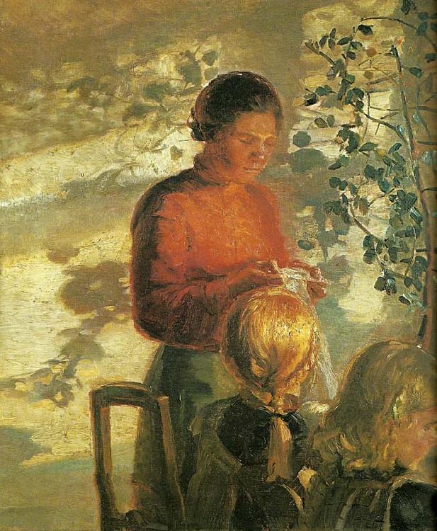 Anna Ancher to smapiger far undervisning i syning oil painting image